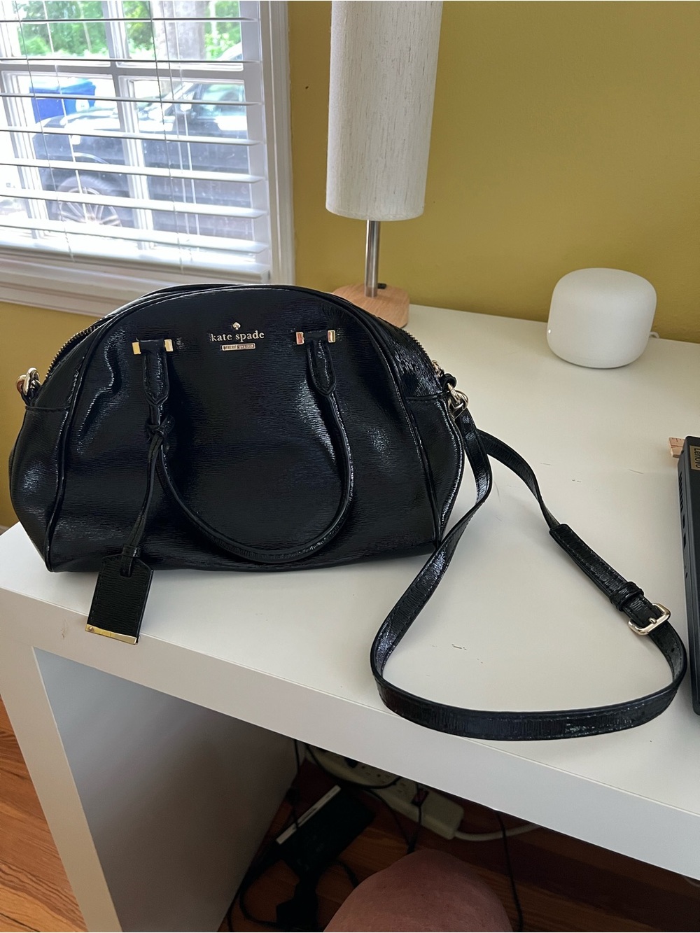 kate spade Black Patent Leather Dome Satchel with Crossbody Strap